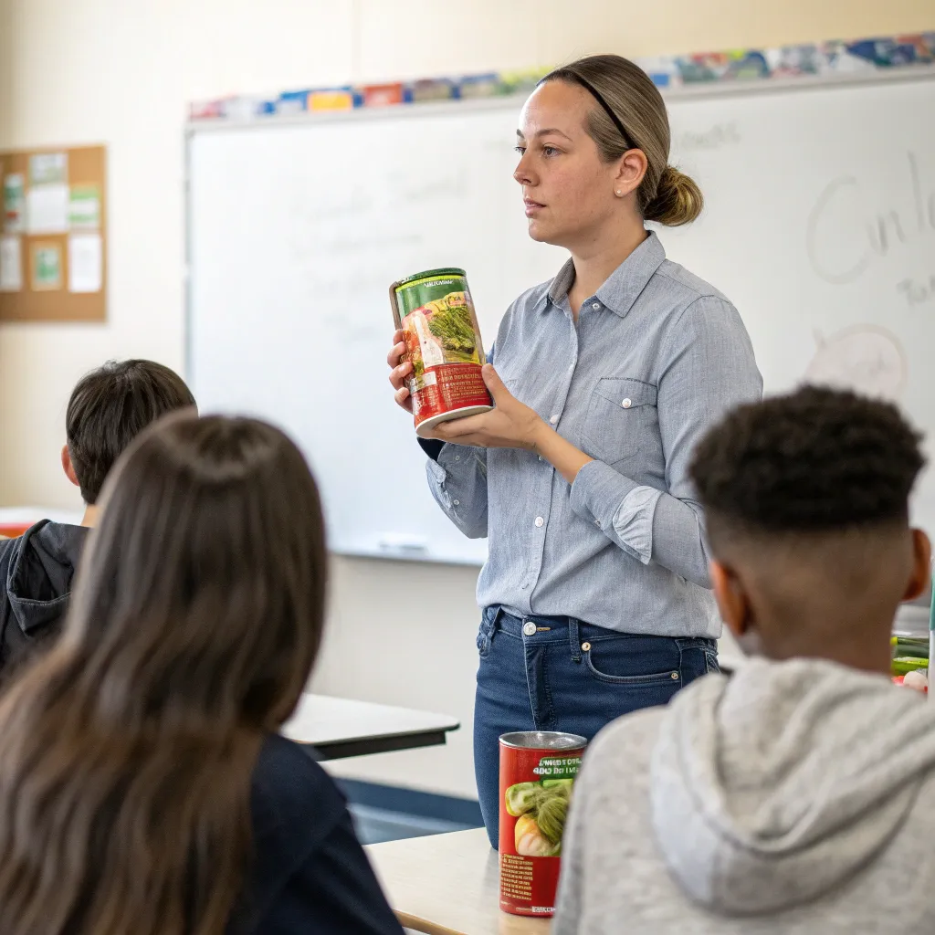 Instructor holding canned vegetables in a class