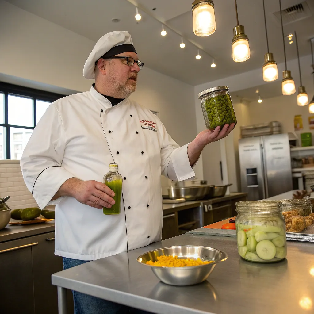 Chef Mark Davis demonstrating his pickling techniques in a kitchen