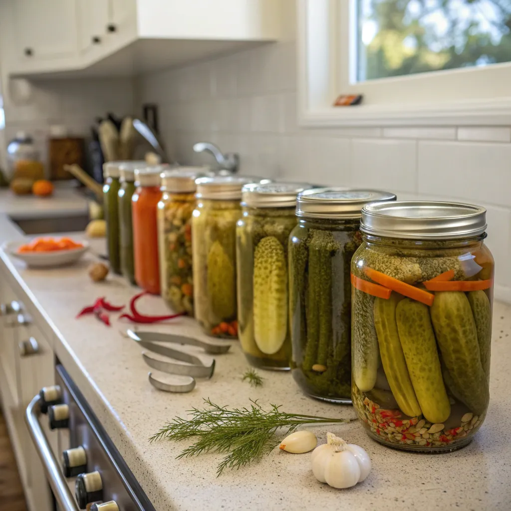 Pickling jars lined up on a kitchen counter
