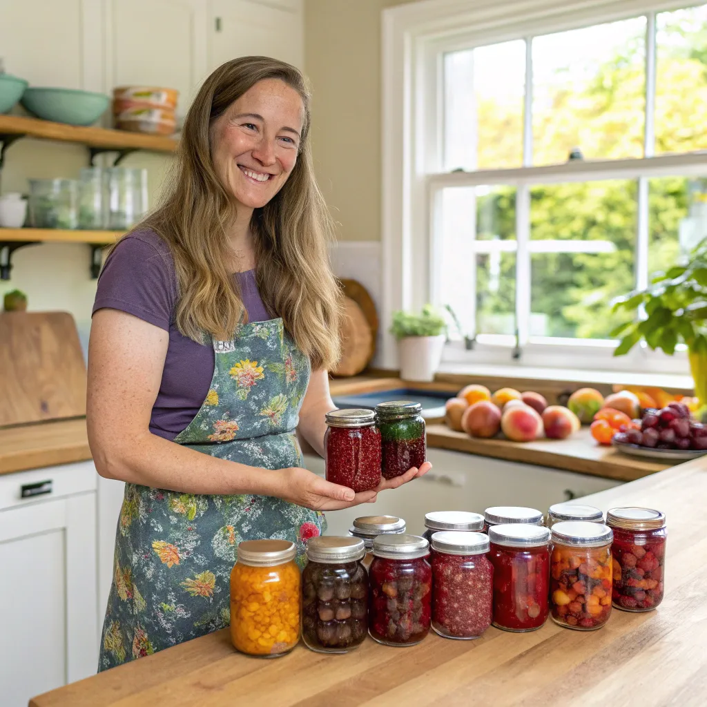 Sarah Thompson proudly showcasing her homemade preserves